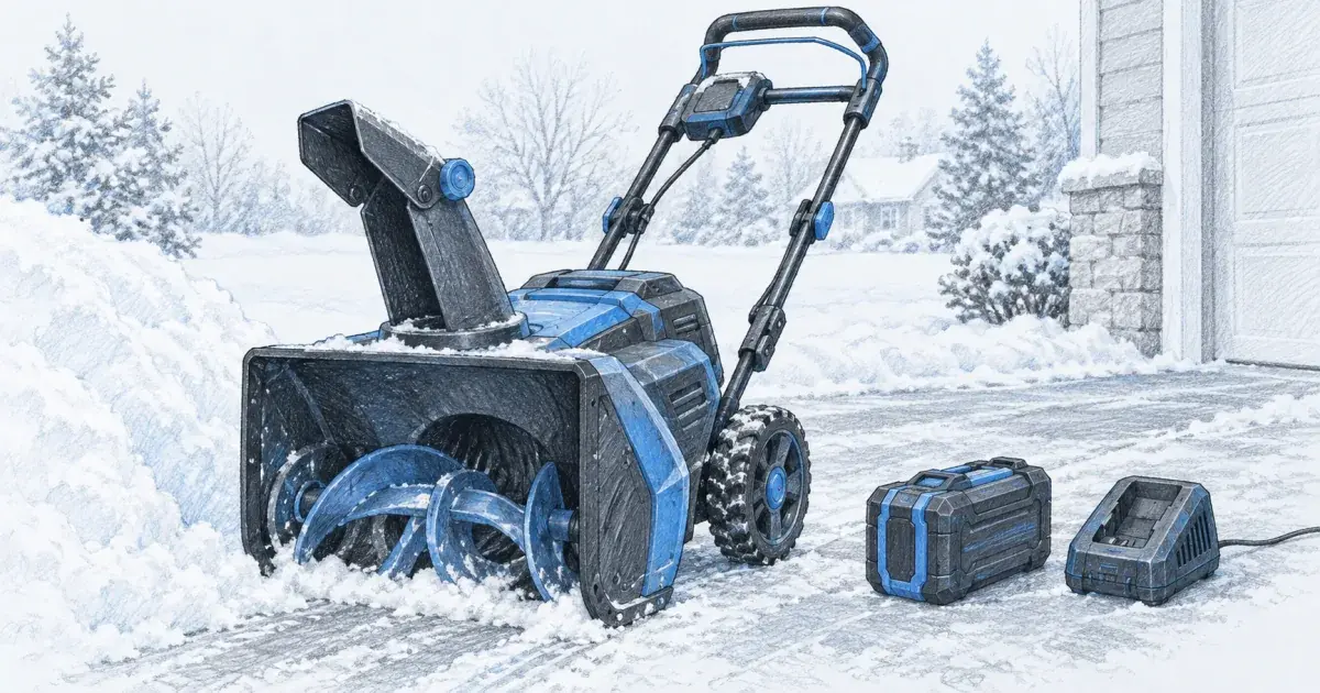 Hand-drawn pencil sketch of a cordless battery snow blower clearing a snowy driveway, with a removable battery pack and charger resting beside it
