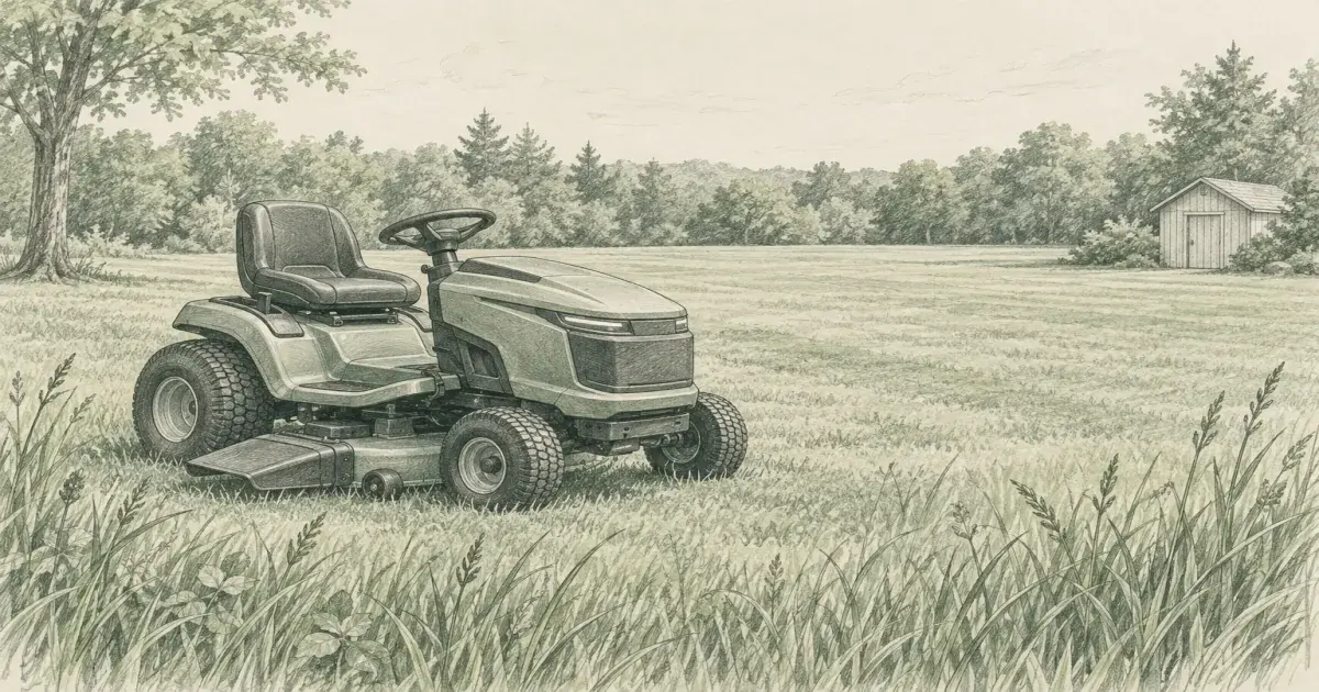 Hand-drawn pencil sketch of a riding lawn mower on a 1-acre lawn with a tree line in the background