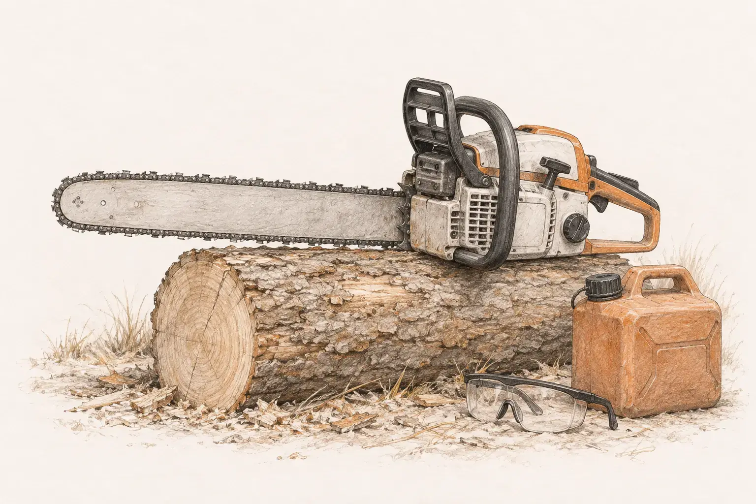 Hand-drawn pencil sketch of a gas chainsaw resting on a cut log with a fuel can and a pair of safety glasses on warm cream paper