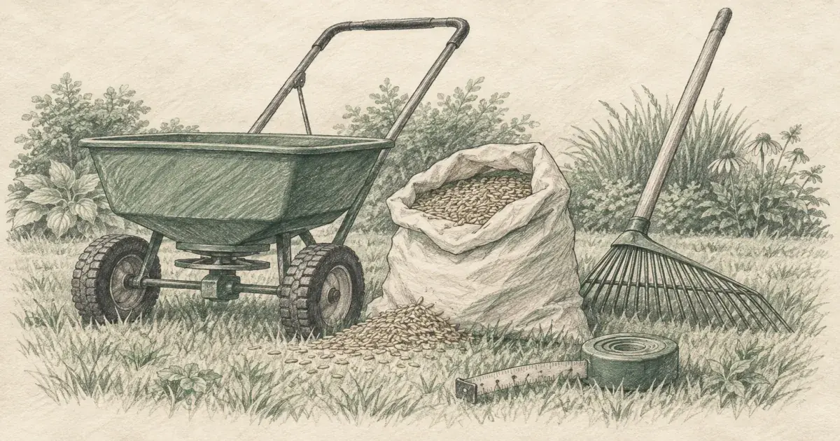 Grass seed calculator beside a spreader, seed bag, and lawn