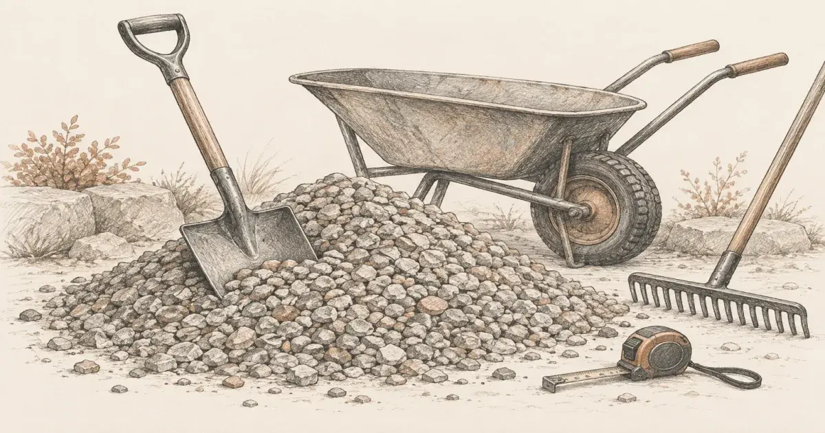 Gravel calculator beside a driveway, shovel, and wheelbarrow of gravel