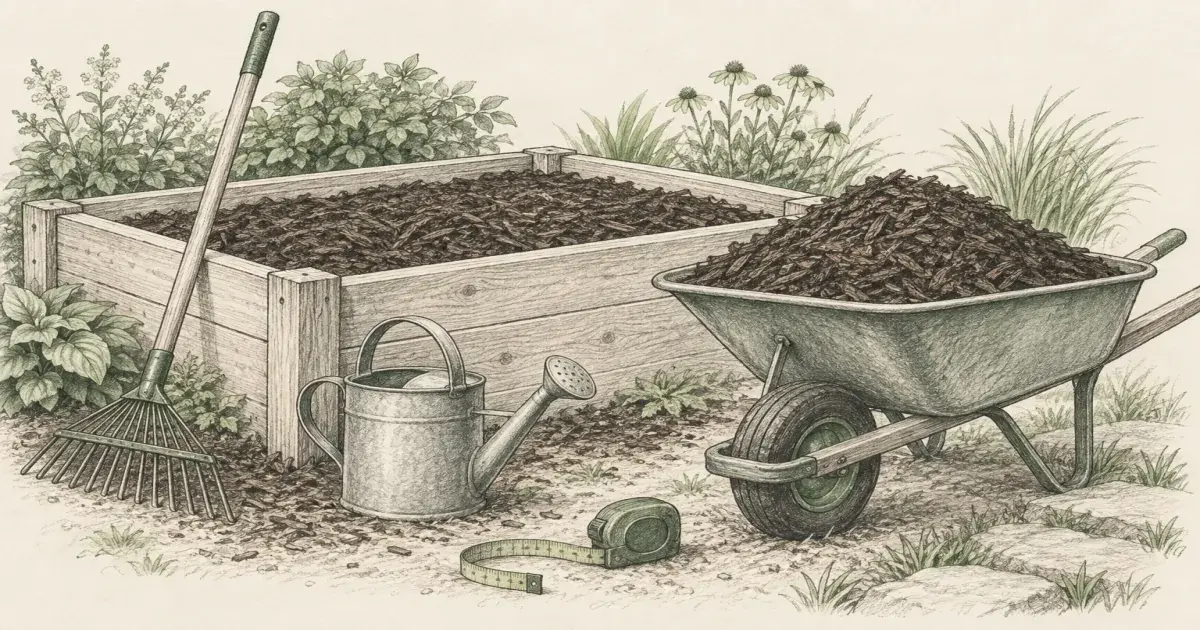 Mulch calculator beside a garden bed, wheelbarrow, and tape measure