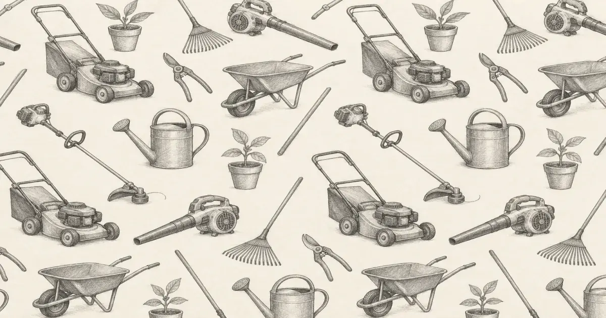 Monochrome pencil sketch pattern of lawn and garden equipment on cool cream paper